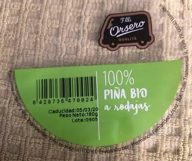 Piña bio 100% nutrition facts table