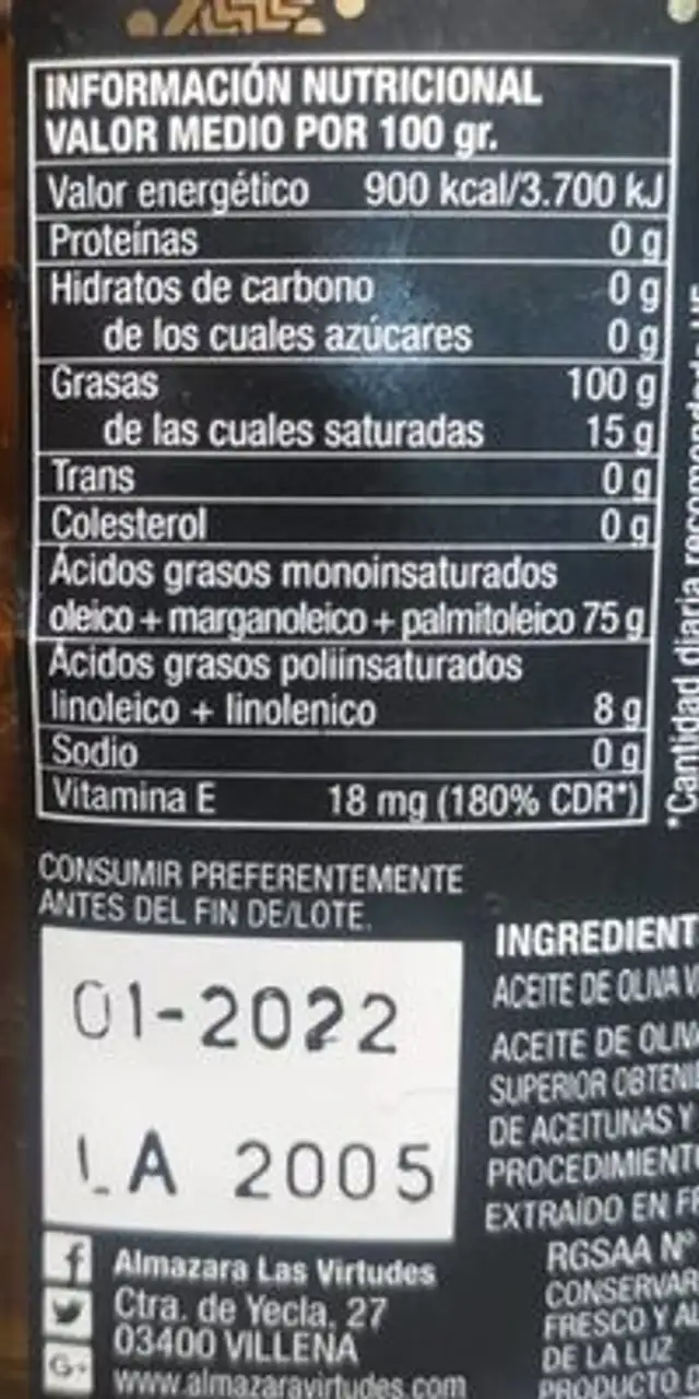 Aceite de oliva virgen extra Tesoro de Villena nutrition facts table