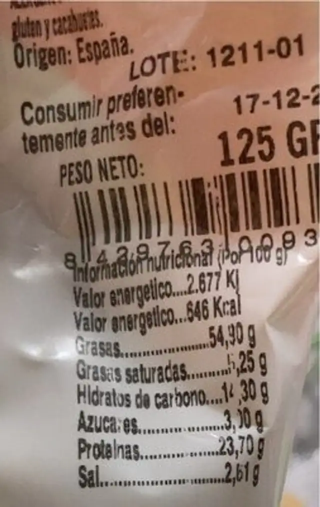 Almendras nutrition facts table