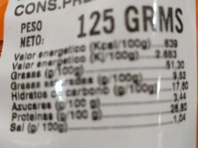 Cacahuete nutrition facts table