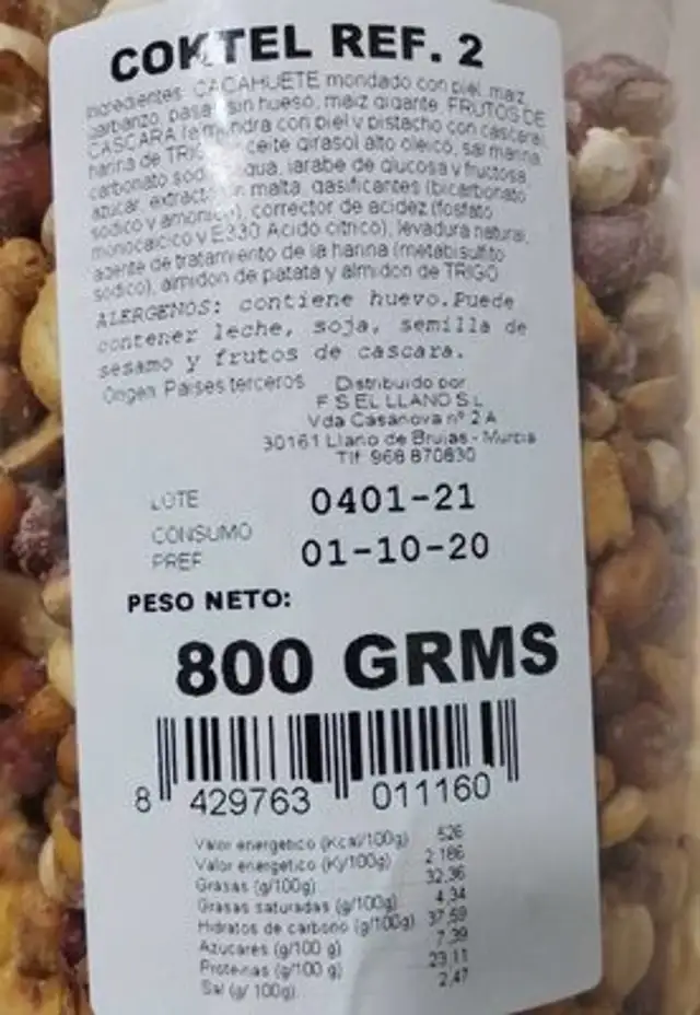 Selección frutos secos nutrition facts table