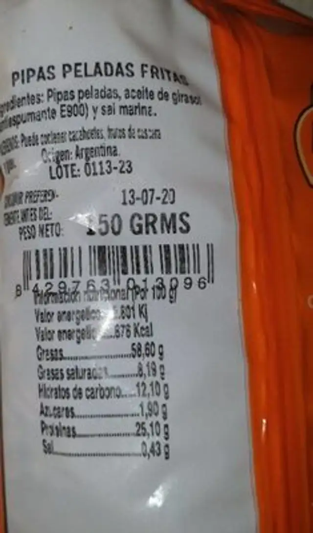 Pipas peladas fritas el llano nutrition facts table