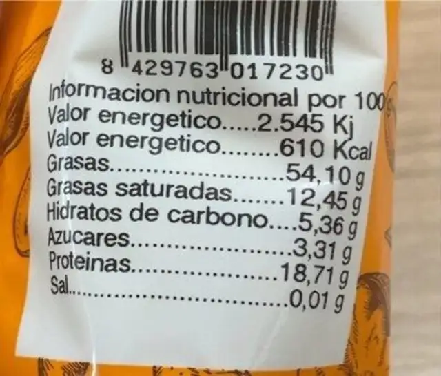 Almendra cruda El Llano nutrition facts table
