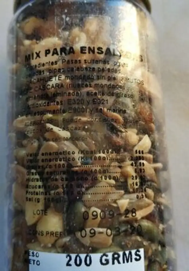 Frutos secos nutrition facts table