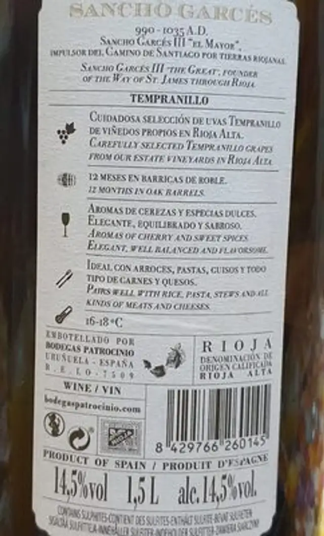 Vino nutrition facts table