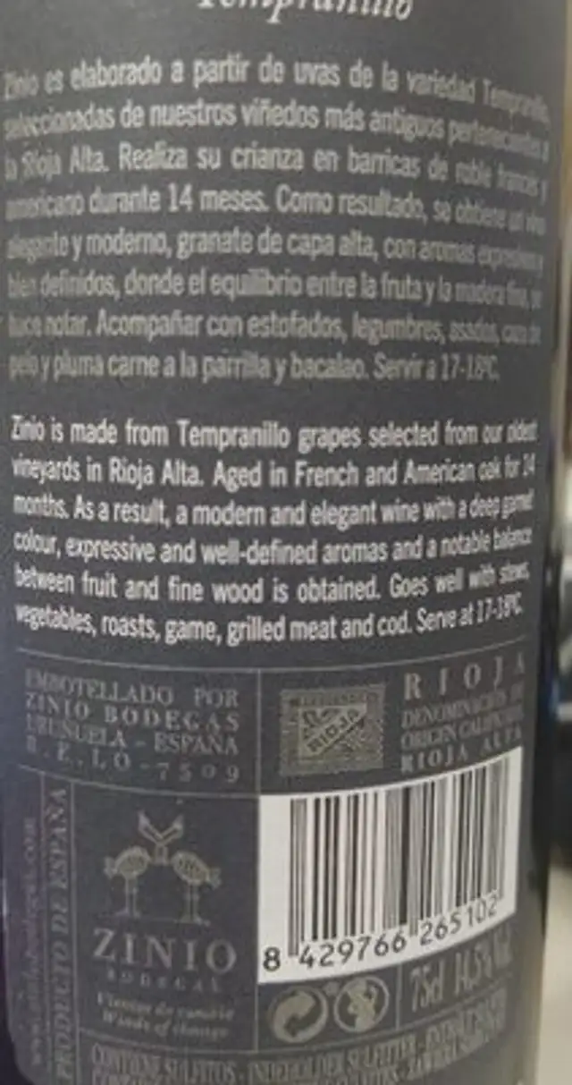 Vino nutrition facts table