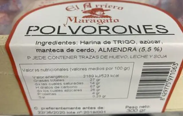 Polvorones nutrition facts table