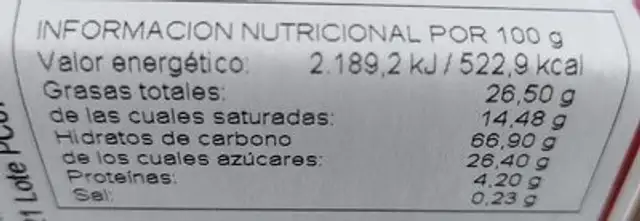Pasta casera nutrition facts table