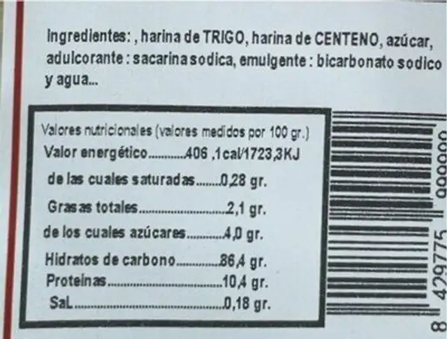 Obleas nutrition facts table