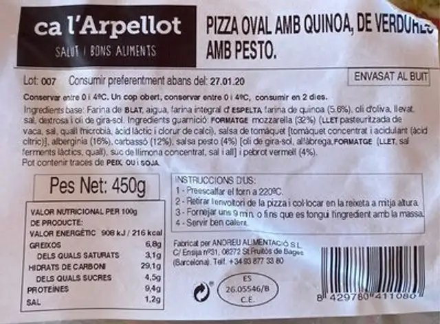 Pizza oval amb quinoa nutrition facts table
