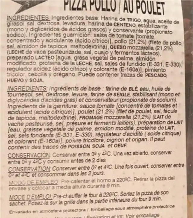 Pizza pollo nutrition facts table