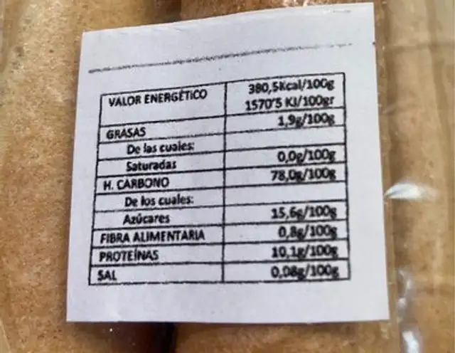 Turutos nutrition facts table