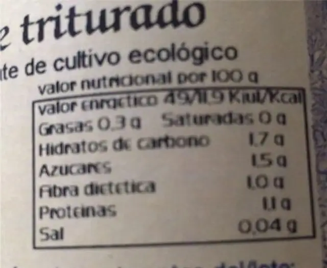 Tomate triturado nutrition facts table