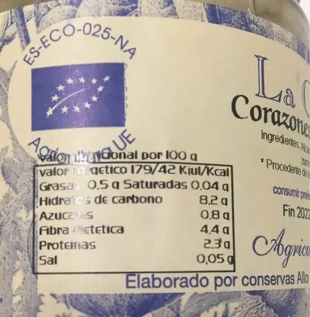 Corazones de alcachofa nutrition facts table