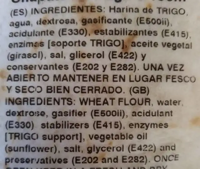 Chapatti de trigo nutrition facts table