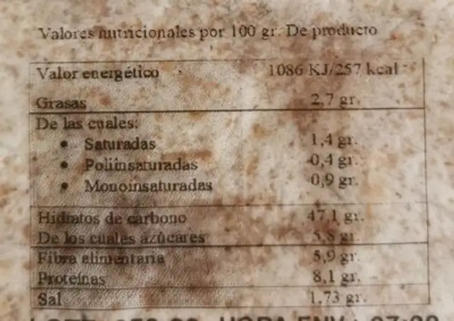 Tortillas integrales de trigo nutrition facts table