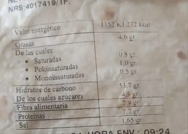 Tortillas de Trigo nutrition facts table