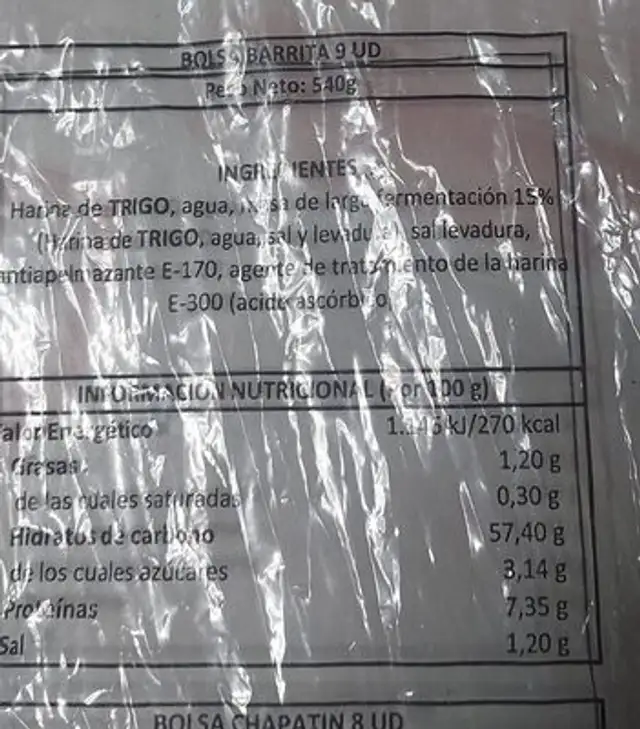 Mini barritas nutrition facts table
