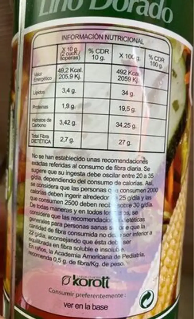 Semillas de lino dorado nutrition facts table