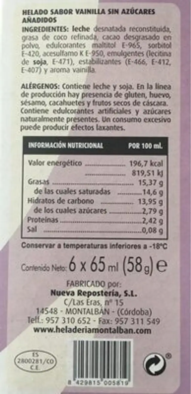 Bombones vainilla nutrition facts table