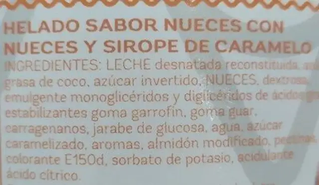 Helado nueces ingredients label