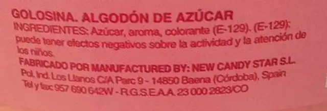 New Candystar ingredients label