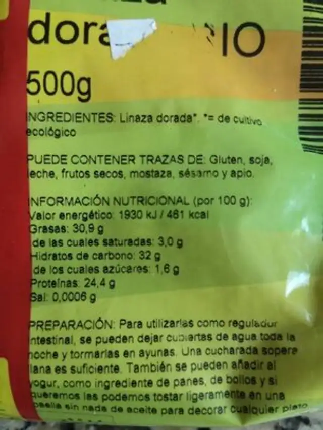 Linaza Dorada 500 G Bio nutrition facts table