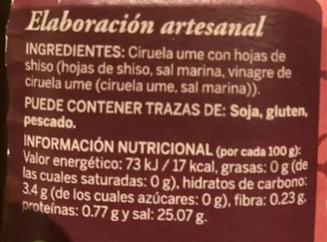 Vinagre de umeboshi nutrition facts table