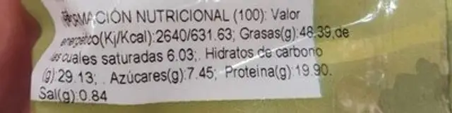 Pistachos OROZCO nutrition facts table
