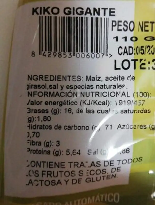 Kiko gigante nutrition facts table