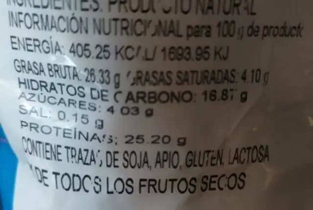 CACAHUETE CHINO SIN SAL nutrition facts table
