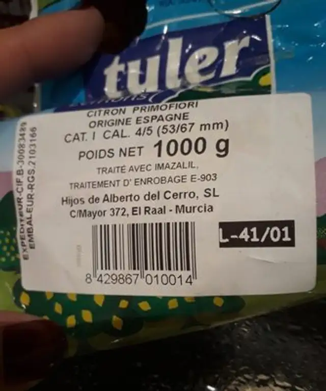 Citron Primofiori En Filet Poids net:1000g ingredients label