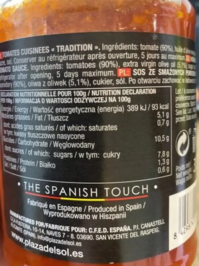 Plaza Del Sol Tomate Cuisinee Premium Bocale 290G nutrition facts table