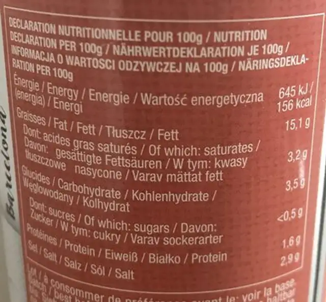 120G OLIVE FARCIE SAUMON PLAZA ingredients label