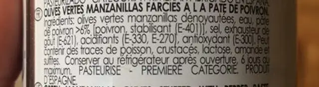 120G Olive Farcie Poivr. plaza ingredients label