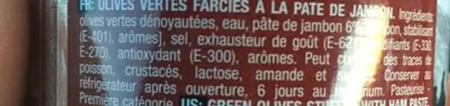 120G Olives Farcies Jambon Plaza Del Sol ingredients label