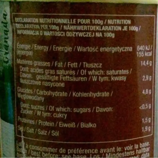 120G Olives Farcies Jambon Plaza Del Sol nutrition facts table