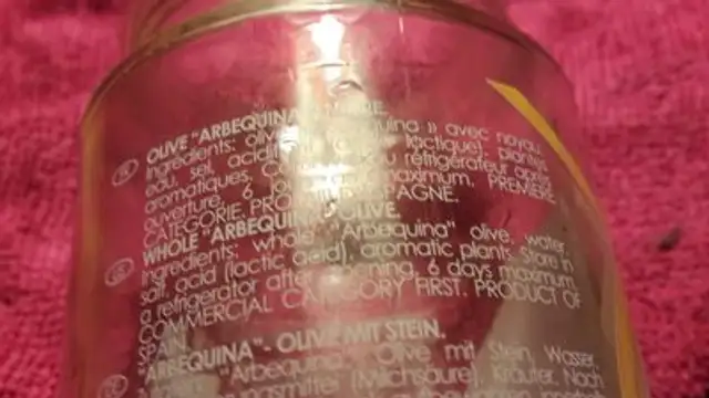 200G Olive Arbequina Plaza Del ingredients label