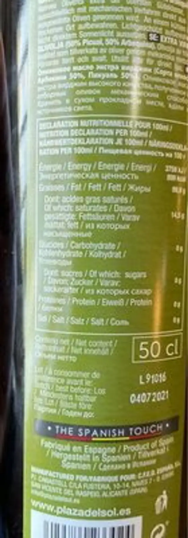 Huile d'olive vierge extra nutrition facts table