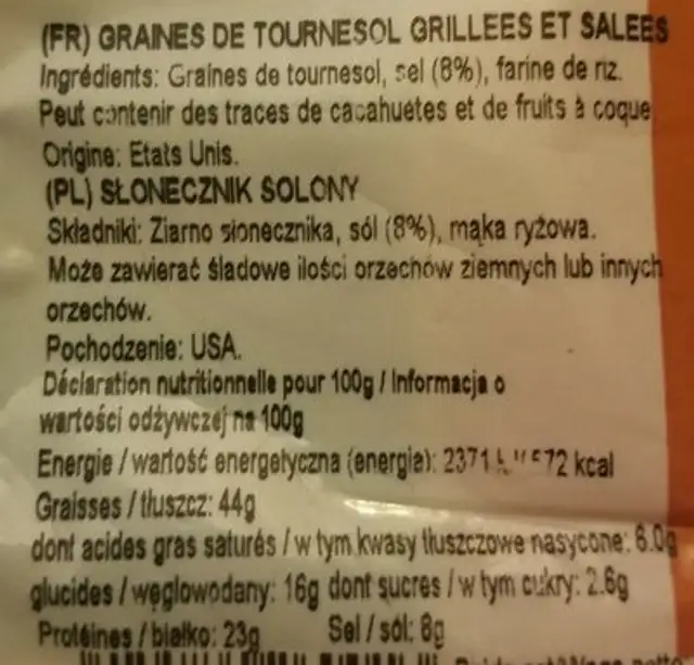 Pipas tostadas ingredients label