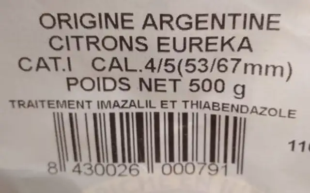 Citron EUREKA ingredients label
