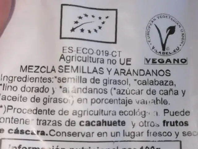 Mezcla semillas y arandanos eco ingredients label
