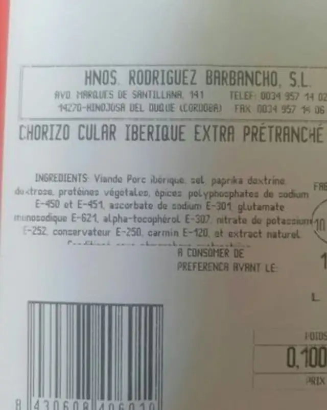 Chorizo Cular Ibérique Extra prétranché ingredients label
