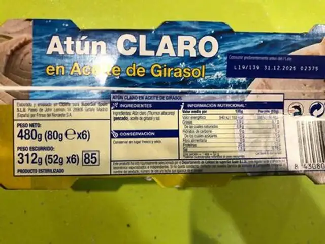 Atún Claro en Aceite de Girasol nutrition facts table