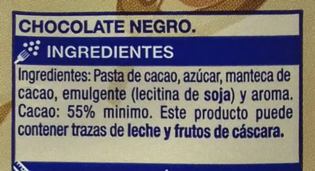 Chocolate negro ingredients label
