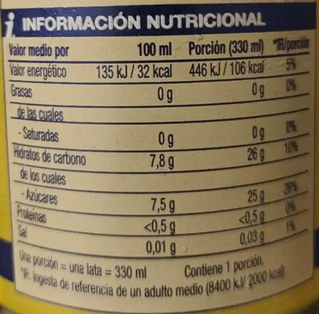 Sun Fresh Limón nutrition facts table
