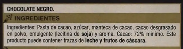 Chocolate negro 72% ingredients label