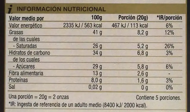 Chocolate negro 72% nutrition facts table