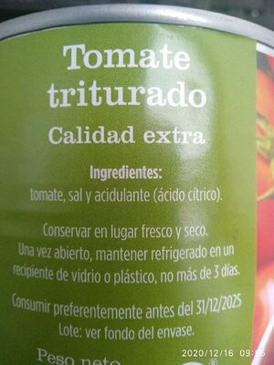 Tomate triturado extra ingredients label