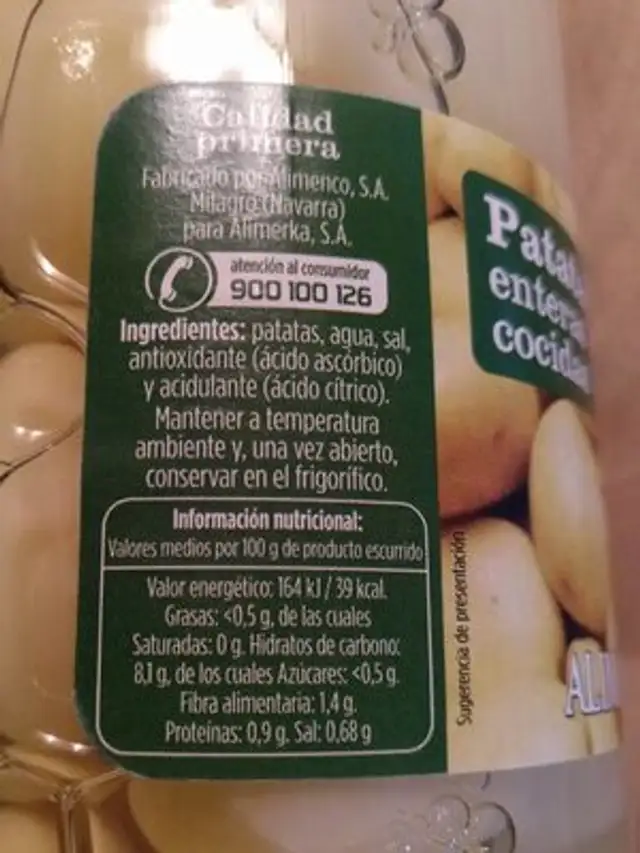 Patatas enteras cocidas nutrition facts table
